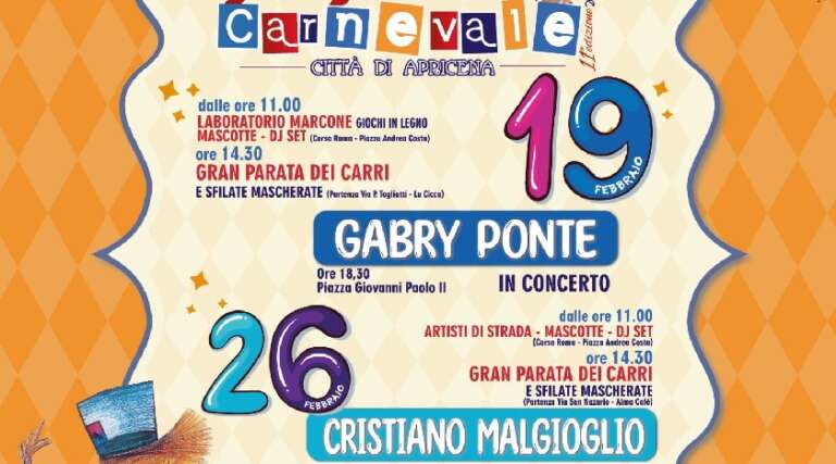 IL PROGRAMMA COMPLETO DEL “CARNEVALE CITTÀ DI APRICENA” 2023