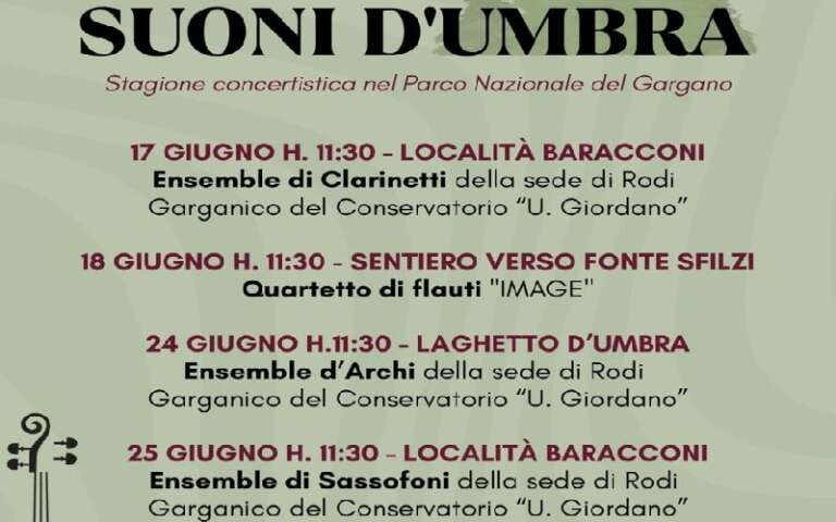 “SUONI D’UMBRA”, STAGIONE CONCERTISTICA NEL PARCO DEL GARGANO