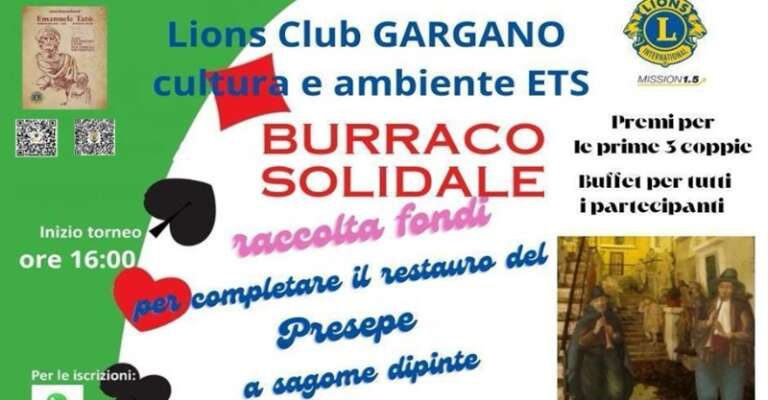 LIONS CLUB GARGANO CULTURA E AMBIENTE, BURRACO SOLIDALE PER RACCOLTA FONDI